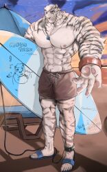 Rule 34 | 1boy, abs, animal ears, arknights, bara, beach, beach umbrella, beckoning, brown male swimwear, bryanj0212, facial hair, full body, furry, furry male, goatee, highres, holding, holding surfboard, large hands, large pectorals, lifeguard, male focus, male swimwear, merchandise, mountain (arknights), muscular, muscular male, nipples, outstretched hand, pectorals, reaching, reaching towards viewer, scar, scar across eye, scar on arm, short hair, solo, stomach, surfboard, swim trunks, thick eyebrows, tiger boy, tiger ears, topless male, umbrella, whistle, whistle around neck, white hair