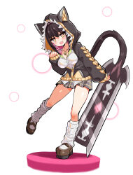 Rule 34 | 1girl, animal ears, animal hood, bell, black jacket, blouse, brown footwear, cat ears, cat girl, cat hood, cat tail, commentary, cougar (cougar1404), grey skirt, hood, hood up, hooded jacket, jacket, jewelry, jingle bell, leaning to the side, leo (cougar1404), long sleeves, looking at viewer, loose socks, mary janes, miniskirt, mole, mole under eye, necklace, open mouth, original, paw pose, plaid, plaid skirt, pleated skirt, shirt, shoes, short hair, skirt, smile, socks, solo, standing, standing on one leg, sword, symbol-only commentary, tail, weapon, white background, white shirt, yellow eyes