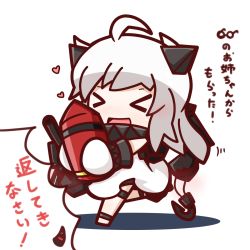 Rule 34 | &gt; &lt;, 10s, 1girl, :d, > <, abyssal ship, ahoge, ammunition, carrying, chibi, commentary request, dress, closed eyes, heart, highres, horns, kantai collection, long hair, machinery, mittens, northern ocean princess, nuu (nu-nyu), open mouth, pale skin, running, smile, solo, translated, turret, white background, white dress, white hair, xd