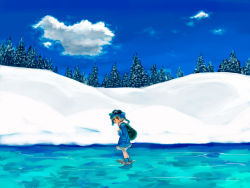 Rule 34 | 1girl, cloud, day, female focus, forest, hat, kawashiro nitori, nature, outdoors, plant, saishou, sky, snow, solo, touhou, two side up, water