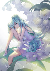 Rule 34 | 1girl, aqua hair, backlighting, flower, green eyes, hair flower, hair ornament, hatsune miku, high heels, lily of the valley, long hair, looking at viewer, mini person, minigirl, ouu min, sitting, solo, vocaloid, white background