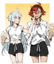 Rule 34 | 2girls, ahoge, black hairband, black shorts, commentary, cowboy shot, english commentary, food, food on face, gradient background, green eyes, gundam, gundam suisei no majo, hairband, highres, holding, holding food, ice cream, ice cream cone, khanhs, long hair, long sleeves, miorine rembran, multiple girls, one eye closed, open mouth, red hair, shirt, short sleeves, shorts, suletta mercury, sweatdrop, white background, white hair, white shirt, wiping face, yellow background