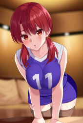 Rule 34 | 1girl, blue shorts, blurry, blurry background, blush, breasts, breasts squeezed together, brown thighhighs, collarbone, cowboy shot, hair between eyes, hair over shoulder, huyumitsu, indoors, large breasts, leaning forward, leaning on table, long hair, looking at viewer, low twintails, open mouth, original, red eyes, red hair, shirt, short shorts, shorts, sleeveless, sleeveless shirt, solo, sportswear, sweat, thigh gap, thighhighs, twintails, volleyball uniform