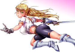 Rule 34 | armor, armored boots, ass, blonde hair, boots, breasts, covered erect nipples, frilled shirt, frills, gauntlets, gloves, green eyes, ha ku ronofu jin, highres, huge ass, huge breasts, ponytail, shirt, shorts, skin tight, sword, tagme, weapon