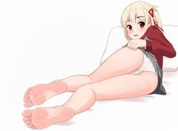 Rule 34 | 1girl, ass, barefoot, blonde hair, crotch seam, feet, full body, highres, light blush, looking at viewer, lycoris recoil, lying, medium hair, nishikigi chisato, on side, open mouth, panties, pillow, pinkiuzu, red eyes, simple background, soles, solo, toes, underwear, white background, white panties
