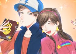 Rule 34 | 1boy, 1girl, absurdres, book, brother and sister, brown eyes, brown hair, dipper pines, earrings, gravity falls, hairband, hat, highres, jewelry, leaning on person, leaning to the side, long hair, mabel pines, shirt, siblings, side-by-side, signature, star (symbol), twins