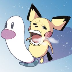 Rule 34 | animal ears, boke-chan, chopper crying (meme), creatures (company), crying, crying with eyes open, full body, game freak, gen 2 pokemon, looking up, meme, nintendo, one piece, open mouth, parody, pichu, pokemon, pokemon (creature), sad, sexually suggestive, simple background, snowing, tail, tears, teeth, wavy eyes, wiglett