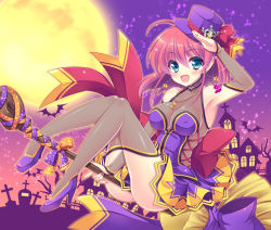 Rule 34 | 1girl, :d, alice wishheart, alternate costume, aqua eyes, arm warmers, armpits, bow, broom, broom riding, full body, full moon, hat, hat bow, magical halloween, moon, open mouth, pink hair, purple background, purple footwear, purple hat, red bow, see-through, see-through legwear, shoes, short hair, skirt, smile, solo, sparkle, thighhighs, tokinon, top hat