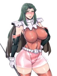 Rule 34 | 1990s (style), 1girl, armor, belt, black beat, blush, breasts, cima garahau, covered erect nipples, curvy, elbow gloves, gloves, green hair, groin, gundam, gundam 0083, hand on own hip, highres, image sample, large breasts, leotard, long hair, pixiv sample, retro artstyle, see-through, shoulder pads, simple background, skin tight, skirt, smile, solo, staff, thick thighs, thighhighs, thighs, tight clothes, white background, wide hips