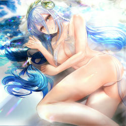 Rule 34 | 1girl, alternate costume, aqua hair, ass, azura (fire emblem), bare legs, bikini, blush, breasts, cleavage, commentary, eyelashes, fire emblem, fire emblem fates, flower, hair between eyes, highres, light rays, long hair, looking at viewer, lying, medium breasts, navel, nintendo, on side, open mouth, petals, see-through, solo, swimsuit, tongari, underboob, veil, yellow eyes