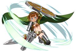 Rule 34 | 1girl, ariane rod, armor, armored boots, bikini, blue eyes, boots, bright pupils, brown hair, cape, full body, fullbokko heroes, furrowed brow, go robots, hairband, holding, holding sword, holding weapon, looking at viewer, navel, official art, shield, short hair, solo, squatting, swimsuit, sword, weapon