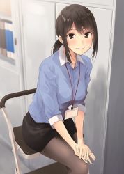 Rule 34 | 1girl, black eyes, black hair, black pantyhose, black skirt, blue shirt, blurry, blurry background, blush, breasts, closed mouth, collared shirt, commentary, douki-chan (douki-chan), dress shirt, feet out of frame, ganbare douki-chan, hiwatari rin, id card, indoors, ladder, lanyard, looking at viewer, medium breasts, medium hair, miniskirt, office lady, own hands together, pantyhose, ponytail, second-party source, shirt, sidelocks, sitting, skirt, smile, solo, stepladder