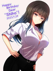 Rule 34 | 1girl, black hair, black pants, blush, breasts, brown eyes, character name, cleavage, closed mouth, dated, girls und panzer, hands on own hips, happy birthday, highres, kumaisao, large breasts, long hair, looking at viewer, nishizumi shiho, pants, shirt, simple background, smile, solo, white background, white shirt