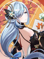 Rule 34 | 1girl, backless dress, backless outfit, bare back, bare shoulders, black dress, black sleeves, blue eyes, blue hair, blush, commentary request, detached sleeves, dress, eyes visible through hair, flower, from behind, genshin impact, hair ornament, hair over one eye, highres, holding, holding flower, holding leaf, holding paper, leaf, light blue hair, light smile, long hair, looking at viewer, looking back, official alternate costume, paper, qingxin flower, sakura luna, shenhe (frostflower dew) (genshin impact), shenhe (genshin impact), signature, sleeveless, sleeveless dress, solo, tassel, upper body, very long hair, yellow background