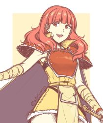 Rule 34 | 1girl, adricarra, armor, bandages, bandaged arm, bandages, breastplate, cape, celica (fire emblem), dress, fire emblem, fire emblem echoes: shadows of valentia, fire emblem gaiden, fire emblem heroes, highres, long hair, nintendo, open mouth, pelvic curtain, red eyes, red hair, shoulder armor, simple background, sleeveless, solo, twitter username
