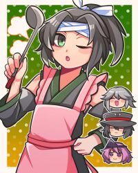 Rule 34 | 1jumangoku, 4others, = =, annoyed, apron, bandana, black hair, black sleeves, blush stickers, bow, chibi, clenched hand, closed eyes, detached sleeves, enraku tsubakura, frilled apron, frills, gradient background, green background, green eyes, hair bow, hand on own hip, hat, head only, holding, holding spoon, houlen yabusame, jinbei (clothes), jinbei (len&#039;en), ladle, len&#039;en, multiple others, one eye closed, open mouth, orange background, pink apron, pink hair, polka dot, polka dot background, ponytail, purple eyes, shion (len&#039;en), short hair with long locks, spoon, top hat, triangular headpiece, white bandana, white bow, wide sleeves