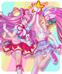 Rule 34 | 2girls, :d, absurdres, arm up, blonde hair, choker, cone hair bun, crop top, cure precious, cure summer, delicious party precure, earrings, elbow gloves, eye contact, fingerless gloves, floating hair, gloves, green eyes, hair bun, high five, highres, jewelry, kome-kome (precure), layered skirt, long hair, looking at another, midriff, miniskirt, multicolored hair, multiple girls, open mouth, pink hair, precure, purple eyes, red choker, red skirt, shrimp1634, skirt, smile, tropical-rouge! precure, very long hair, white choker, white gloves, white skirt