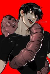 Rule 34 | 1boy, black hair, black shirt, fangs, fushiguro touji, highres, jujutsu kaisen, looking at viewer, male focus, mistermagnolia, monster, red background, scar, scar on face, scar on mouth, shirt, short hair, short sleeves, solo, teeth, tongue, tongue out, upper teeth only