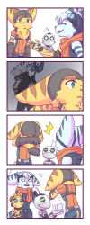 Rule 34 | 2boys, 2girls, 4koma, arms up, clank, comic, crying, furry, furry female, furry male, goggles, goggles on head, kit (ratchet &amp; clank), lombax, looking at another, mechanical arms, multiple boys, multiple girls, ratchet &amp; clank, ratchet &amp; clank: rift apart, ratchet (ratchet &amp; clank), rivet (ratchet &amp; clank), robot, scarf, single mechanical arm, smile, striped fur, tail