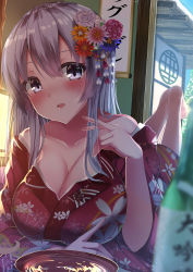 Rule 34 | 1girl, absurdres, azur lane, bare shoulders, blush, breasts, cleavage, flower, grey eyes, grey hair, hair flower, hair ornament, highres, hiragi ringo, japanese clothes, large breasts, long hair, looking at viewer, lying, on stomach, open mouth, rodney (azur lane), rodney (warship girls r), solo