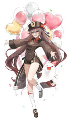 Rule 34 | 1girl, :d, balloon, birthday, black hat, brown dress, brown footwear, brown hair, commentary request, dress, flower-shaped pupils, full body, genshin impact, ghost, gya (144), hair between eyes, hat, heart balloon, highres, hu tao (genshin impact), jewelry, long hair, long sleeves, looking at viewer, multiple rings, open mouth, red eyes, ring, shoes, simple background, smile, socks, solo, symbol-shaped pupils, teeth, thighs, twitter username, upper teeth only, white background, white socks
