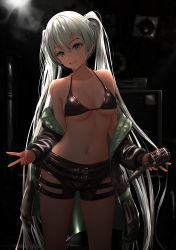 Rule 34 | 1girl, :d, absurdres, aqua hair, backlighting, bare shoulders, belt, belt buckle, bikini, bikini top only, black bikini, black shorts, breasts, buckle, cleavage, collarbone, cowboy shot, eyebrows hidden by hair, gibun (sozoshu), green eyes, green nails, hatsune miku, highres, holding, holding microphone stand, indoors, light particles, long hair, long sleeves, looking at viewer, medium breasts, microphone stand, nail polish, open mouth, short shorts, shorts, smile, solo, swimsuit, thighs, twintails, v, very long hair, vocaloid