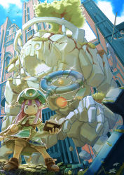 Rule 34 | bad id, bad pixiv id, blunt bangs, book, brown eyes, brown footwear, building, day, dendou (andu0083), flower, frown, golem, green headwear, highres, holding, holding staff, long hair, lumia saga, moss, open book, outdoors, over shoulder, pink hair, roots, shorts, staff, standing, tree