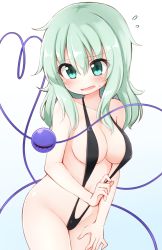 Rule 34 | 1girl, bare arms, bare shoulders, black one-piece swimsuit, blue background, blush, breasts, collarbone, commentary request, cowboy shot, flying sweatdrops, gradient background, green eyes, green hair, groin, hair between eyes, halterneck, heart, heart of string, highres, komeiji koishi, long hair, looking at viewer, medium breasts, navel, no headwear, one-piece swimsuit, open mouth, sidelocks, slingshot swimsuit, solo, standing, stomach, suwa yasai, sweat, swimsuit, thighs, third eye, touhou, white background