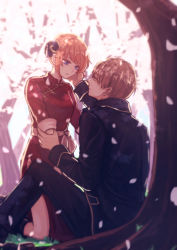 Rule 34 | 1boy, 1girl, against tree, bad id, bad pixiv id, black jacket, black pants, blue eyes, brown hair, cherry blossoms, china dress, chinese clothes, closed mouth, couple, dress, eye contact, gintama, hand on another&#039;s cheek, hand on another&#039;s face, jacket, kagura (gintama), kneeling, long sleeves, looking at another, okita sougo, orange hair, pants, red dress, red eyes, short hair, side slit, sitting, szzz k, tree