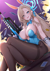 Rule 34 | 1girl, :d, absurdres, animal ears, assault rifle, asuna (blue archive), backlighting, bare shoulders, blonde hair, blue archive, blue bow, blue bowtie, blue eyes, blue leotard, bow, bowtie, breasts, bullpup, card, cleavage, coin, commentary request, crossed legs, detached collar, fake animal ears, feet out of frame, forehead, gloves, gun, halo, highleg, highleg leotard, highres, holding, large breasts, leotard, long hair, mole, mole on breast, no bra, official alternate costume, open mouth, pantyhose, playboy bunny, purple background, rifle, shadow, simple background, sitting, slit pupils, smile, solo, strapless, strapless leotard, thick eyelashes, weapon, white gloves, zeroblood