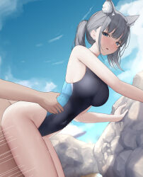 Rule 34 | 1boy, 1girl, absurdres, animal ear fluff, animal ears, bare arms, bare shoulders, bent over, blue archive, blue eyes, blue one-piece swimsuit, blue sky, blush, breasts, bright pupils, covered navel, day, ear piercing, earrings, from side, grey hair, hetero, highleg, highleg swimsuit, highres, jewelry, large breasts, looking to the side, medium hair, mismatched pupils, motion lines, n9at, one-piece swimsuit, outdoors, parted lips, piercing, sex, sex from behind, shiroko (blue archive), shiroko (swimsuit) (blue archive), sky, solo focus, stud earrings, swimsuit, thighs, torso grab, white pupils