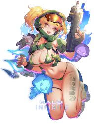 Rule 34 | 1boy, 3girls, absurdres, adapted costume, assault rifle, assault visor, barefoot, bikini, blonde hair, breast tattoo, breasts, brown hair, bullpup, chest tattoo, cleavage, collarbone, copyright name, cortana, crying, fangs, fernando esparza, frown, genderswap, genderswap (mtf), green bikini, green vest, grey pants, gun, halo (series), halo infinite, helmet, henry davis, highres, holding, holding sword, holding weapon, hologram, leg tattoo, logo, looking to the side, ma5, master chief, medium breasts, multiple girls, navel, open mouth, orange eyes, pants, pink nails, rifle, smile, stomach tattoo, swimsuit, sword, tattoo, the weapon (halo infinite), thigh strap, twintails, type-1 energy sword, v-shaped eyebrows, vest, weapon, x x