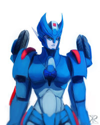 Rule 34 | 1girl, alien, blue eyes, breasts, chromia, curvy, grissaecrim, humanoid robot, medium breasts, robot, simple background, solo, transformers