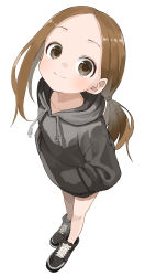 Rule 34 | 1girl, absurdres, black footwear, black jacket, brown eyes, brown hair, closed mouth, collarbone, commentary request, forehead, hands in pockets, highres, jacket, karakai jouzu no takagi-san, long hair, looking at viewer, ponytail, shoes, simple background, smile, sneakers, solo, standing, takagi-san, white background, yamamoto souichirou