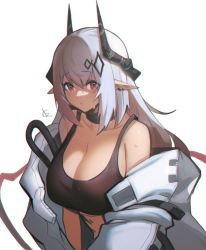 Rule 34 | 1girl, absurdres, arknights, bare shoulders, black bra, bra, breasts, cleavage, collarbone, distr, earrings, hair between eyes, hair ornament, highres, horns, infection monitor (arknights), jewelry, jumpsuit, large breasts, long hair, looking at viewer, material growth, mudrock (arknights), mudrock (elite ii) (arknights), open clothes, open jumpsuit, oripathy lesion (arknights), parted lips, partially undressed, pointy ears, red eyes, sidelocks, simple background, solo, sports bra, underwear, white background, white hair, white jumpsuit
