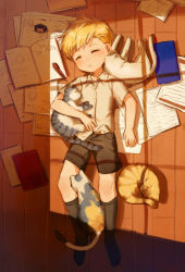 Rule 34 | 1boy, aged down, alphonse elric, animal, animal hug, arin (fanfan013), arm at side, black legwear, blonde hair, blush, book, brown shorts, cat, child, closed eyes, collared shirt, dot nose, drawing, dress shirt, drooling, evening, facing viewer, floor, from above, fullmetal alchemist, hand on own stomach, highres, hug, indoors, inkwell, light particles, lying, magic circle, male focus, mechanical pencil, mouth drool, no shoes, on back, on ground, paper, parted lips, pencil, shaded face, shirt, shorts, sleeping, socks, sunlight, tareme, too many papers, white shirt, wooden floor