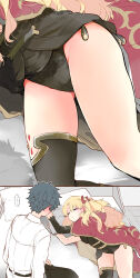 Rule 34 | ..., 1boy, 1girl, azumi (myameco), black hair, black panties, blonde hair, cape, closed eyes, closed mouth, ereshkigal (fate), fate/grand order, fate (series), fujimaru ritsuka (male), long hair, looking at another, lying, on side, panties, red cape, short hair, single thighhigh, sleeping, spoken ellipsis, thighhighs, thighs, underwear