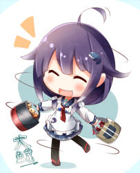 Rule 34 | 10s, 1girl, ahoge, bag, black pantyhose, blush, carrot, chibi, closed eyes, full body, gasuto (kamikami), hair ornament, hair tubes, japanese clothes, kantai collection, long hair, low twintails, open mouth, pantyhose, potato, purple hair, smile, solo, spinning, standing, standing on one leg, taigei (kancolle), torpedo, twintails, whale