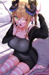 Rule 34 | 1girl, absurdres, arm up, bed, black bow, black camisole, black horns, black jacket, black shorts, blonde hair, blush, bow, breasts, camisole, cleavage, collarbone, commentary request, commission, glasses, green eyes, hair bow, hair ornament, hand up, heart, heart hair ornament, highres, horizontal-striped thighhighs, horn bow, horn ornament, horns, indie virtual youtuber, jacket, lace trim, large breasts, long hair, looking at viewer, on bed, one eye closed, open mouth, pillow, pink thighhighs, pointy ears, shorts, sitting, skeb commission, skindentation, solo, striped clothes, striped thighhighs, teeth, thighhighs, toeless legwear, twitter username, two side up, virtual youtuber, wariza, white thighhighs, yawning, yayoi maka, yumemi eruno