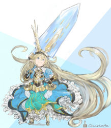 Rule 34 | 10s, 1girl, absurdly long hair, armor, armored dress, blonde hair, blue dress, blue eyes, breastplate, character name, charlotta (granblue fantasy), crown, dress, gauntlets, granblue fantasy, hair between eyes, harvin, highres, holding, holding sword, holding weapon, huge weapon, long hair, looking up, n9+, over shoulder, pointy ears, puffy short sleeves, puffy sleeves, short sleeves, simple background, smile, solo, standing, sword, very long hair, weapon, weapon over shoulder