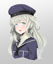 Rule 34 | 1girl, alternate hair length, alternate hairstyle, blue eyes, blue hat, clothes writing, dress, gradient background, grey background, hat, highres, kantai collection, konoshige (ryuun), long hair, looking at viewer, open mouth, sailor dress, sailor hat, silver hair, solo, upper body, z1 leberecht maass (kancolle)