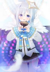 Rule 34 | 1girl, :d, amane kanata, black skirt, blue eyes, blue hair, blurry, blurry foreground, blush, commentary request, detached sleeves, deyui, eyes visible through hair, feathered wings, feathers, frilled skirt, frills, grey hair, grey jacket, hair over one eye, headset, heart, heart hands, highres, hololive, jacket, long sleeves, looking at viewer, mini wings, multicolored hair, open mouth, plaid, skirt, sleeves past wrists, smile, solo, teeth, two-tone hair, upper teeth only, virtual youtuber, white feathers, white wings, wide sleeves, wings