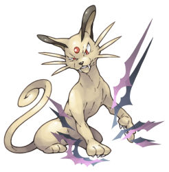 Rule 34 | cat, claws, creatures (company), facing viewer, fangs, fangs out, forehead jewel, game freak, gen 1 pokemon, nintendo, no humans, pearl7, persian, pokemon, pokemon (creature), pokemon frlg, pokemon rgby, red eyes, simple background, sitting, solo, tail, whiskers, white background