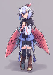 Rule 34 | 1girl, bird wings, black thighhighs, blue hair, blush, boots, brown footwear, closed mouth, dot mouth, feathered wings, full body, grey background, horns, knee boots, layered sleeves, long sleeves, multicolored hair, parted lips, rangycrow, red eyes, red wings, short hair, short over long sleeves, short sleeves, simple background, solo, thighhighs, tokiko (touhou), touhou, two-tone hair, white hair, wings