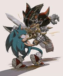 Rule 34 | 2boys, animal nose, aoki (fumomo), armor, battle, blue fur, body fur, caliburn (sonic), covered eyes, furry, furry male, gauntlets, green eyes, grey background, male focus, multiple boys, no humans, open mouth, sega, shadow the hedgehog, sideways mouth, simple background, sir lancelot (shadow), sonic (series), sonic and the black knight, sonic the hedgehog, sword, two-tone fur, weapon, white background