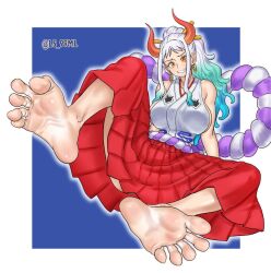 Rule 34 | 1girl, aqua hair, bare shoulders, barefoot, blue background, breasts, earrings, female focus, foot focus, hair ornament, hair stick, hoop earrings, horns, jewelry, large breasts, leg up, long hair, looking at viewer, multicolored hair, one piece, oni horns, orange eyes, red horns, rope, shimenawa, shirt, sideboob, sidelocks, simple background, sitting, sleeveless, sleeveless shirt, smile, soles, solo, teeth, toes, tsukimaru (ls 99ml), white hair, yamato (one piece)