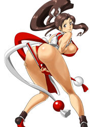 Rule 34 | 1girl, anus, anus peek, ass, blush, bouncing breasts, breasts, cameltoe, fatal fury, full body, high ponytail, huge ass, large breasts, leotard, leotard under clothes, lips, long hair, looking at viewer, looking back, nipples, noq1134, ponytail, shiranui mai, sideboob, skindentation, solo, spread legs, thong, wide hips