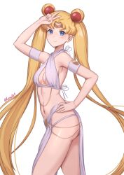 Rule 34 | 1girl, absurdly long hair, absurdres, bishoujo senshi sailor moon, blonde hair, blue eyes, breasts, closed mouth, hand on own hip, highres, long hair, looking at viewer, medium breasts, meme attire, modakawa dress, navel, neck, nose, sailor moon, simple background, smile, solo, v, very long hair