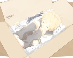 Rule 34 | 1boy, 50off, amazon (company), bad id, bad twitter id, blonde hair, box, brand name imitation, cable, detached sleeves, closed eyes, fetal position, full body, headset, headset removed, highres, in box, in container, kagamine len, leg warmers, logo, male focus, packing peanuts, sailor collar, shorts, solo, styrofoam, vocaloid, white footwear, wooden floor