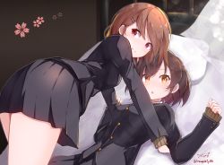 Rule 34 | 2girls, artist name, baileys (tranquillity650), bed, bed sheet, black jacket, black skirt, blush, breasts, brown hair, commentary request, hair between eyes, hair ornament, hairclip, highres, jacket, long sleeves, looking at viewer, looking back, lying, multiple girls, on back, open mouth, orange eyes, original, pillow, plaid, plaid skirt, red eyes, short hair, signature, skirt, small breasts, smile, swept bangs